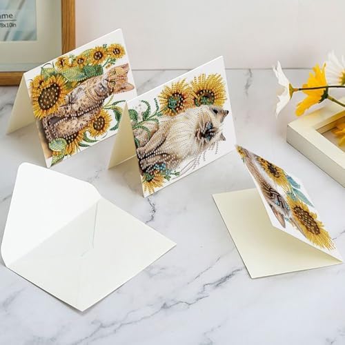 AiYuanzsh 6-Pack 5D Diamond Painting Greeting Cards with Envelopes, Cat Sunflower Pattern DIY Crystal Rhinestone Diamond Art Cards, Laser Effect Postcards for Birthday, Thank You, and Gift Giving - Image 7