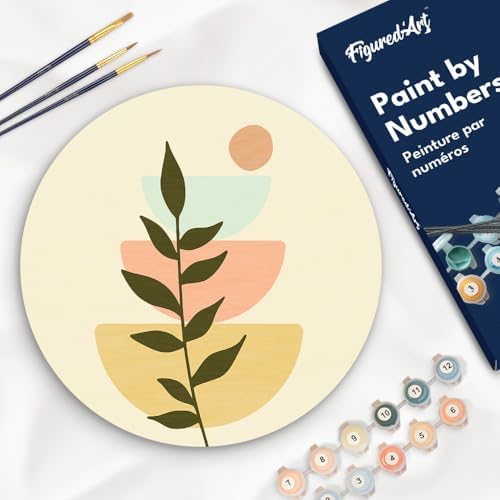 Figured'Art Paint by Numbers Kit for Adults on Wood Slice, 11.8in Diameter - Abstract Botanical Art 2 - Craft Art Painting DIY Canvas by FiguredArt