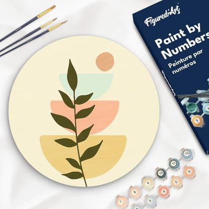 Figured'Art Paint by Numbers Kit for Adults on Wood Slice, 11.8in Diameter - Abstract Botanical Art 2 - Craft Art Painting DIY Canvas by FiguredArt