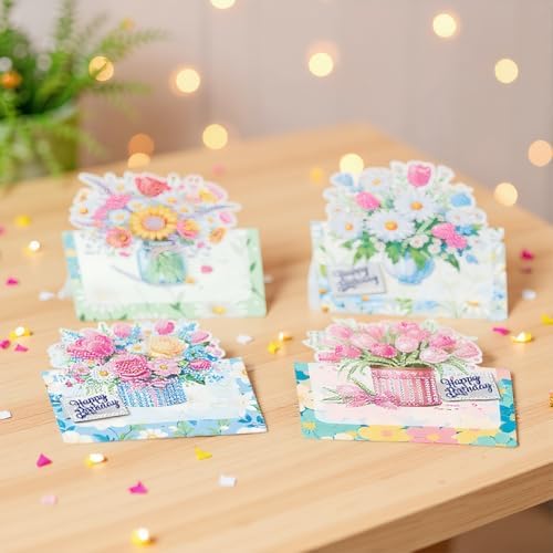 jinglinhh 6pcs Diamond Art Painting Birthday Tulip Daisy Flower Bouquet Greeting Cards with Envelopes, DIY Card Making Kits for Adults, Diamond Art Postcards Christmas Cards Craft Gifts - Image 4