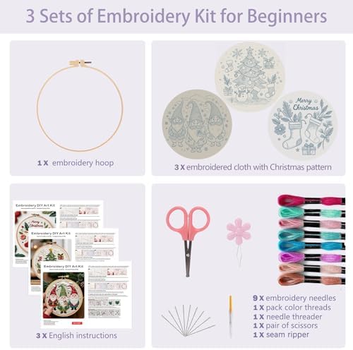 Offizon Christmas Embroidery Kit for Beginners, 3 PCS Starter Cross Stitches, Winter Santa Handicrafts, Merry Chistmas - Image 2