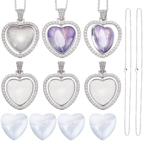 24Pcs 6 Sets Pendant Tray Set Heart Bezel Trays with Glass Cabochons and Chain Shiny Rhinestone Double Sided Rotatable Charm for Jewelry Making Supplies DIY Necklace Birthday Gift Adults by SOFPLATE