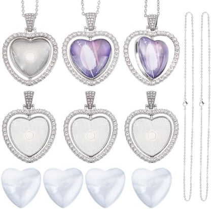 24Pcs 6 Sets Pendant Tray Set Heart Bezel Trays with Glass Cabochons and Chain Shiny Rhinestone Double Sided Rotatable Charm for Jewelry Making Supplies DIY Necklace Birthday Gift Adults by SOFPLATE