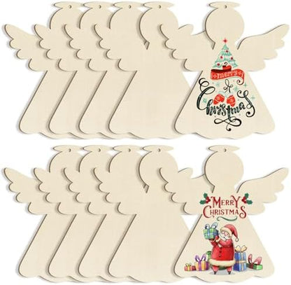 Large Christmas Wooden Ornaments to Paint 10Pcs, DIY Blank Unfinished Angel Wood Cutout Ornament for Crafts Hanging Decorations, Thanksgiving Wedding Birthday Party Decoration by Sophena