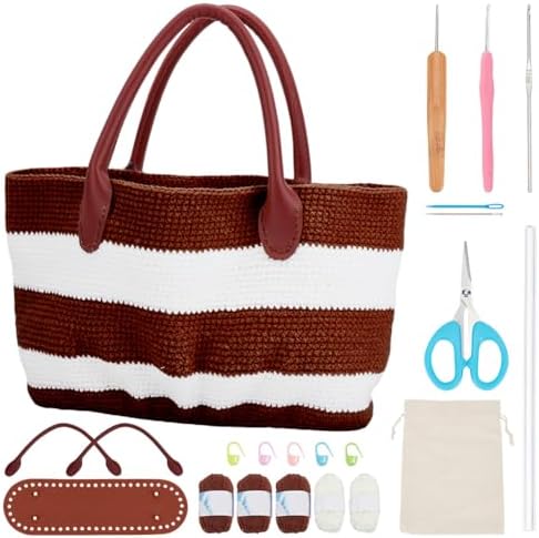 ORIGACH DIY Crochet Handbag Kit for Beginners, Dark Brown Striped Tote Bag with PU Leather Band and Base, Complete Crochet Set to Make a Bag, Include Yarn, Hooks, Markers and Instruction by ORIGACH