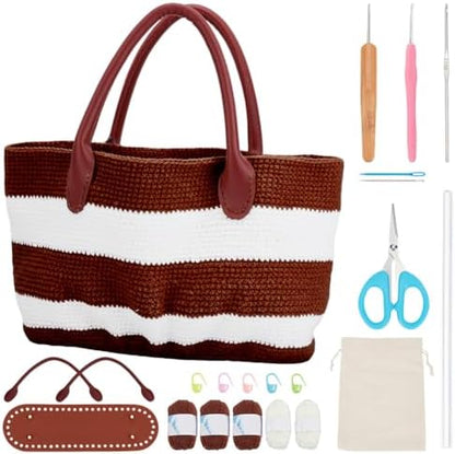 ORIGACH DIY Crochet Handbag Kit for Beginners, Dark Brown Striped Tote Bag with PU Leather Band and Base, Complete Crochet Set to Make a Bag, Include Yarn, Hooks, Markers and Instruction by ORIGACH
