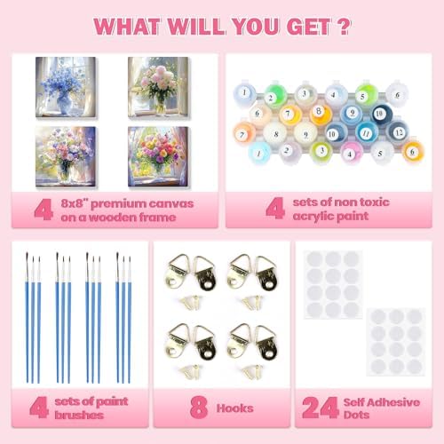 Bowetile 4 Pack Paint by Numbers for Adults Beginners Framed, Flowers Adults' Paint-by-Number Kits, Easy Adult Paint by Number Kits on Canvas, Acrylic Number Painting for Home Decor, 8x8in - Image 6