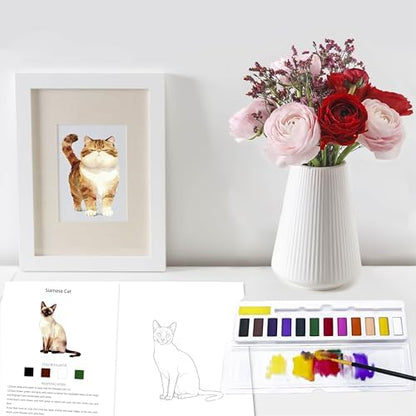 CraftyManor Watercolor Workbook Creative Insect Water color Paint Book Set with Paints & Brush, 12 Patterns of Original DIY Designs, Beginner-Friendly Adult Coloring Books (Cat) - Image 6