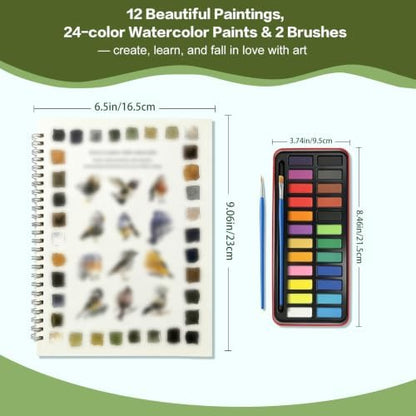 Watercolor Workbook, Water Coloring Book with 12 Different Birds Designs, 24 Colors Watercolor Paint Set for Beginners Adults(Birds) - Image 6