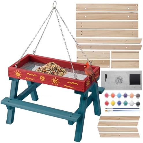 DIY Bird Feeder Kit for Kids and Adults, Wooden Picnic Table Hanging Bird Feeder Craft Kit with Paints, Brushes for Backyard Garden Bird Watching by BBPECO