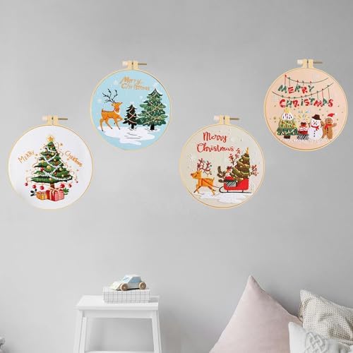 Huacan Embroidery Kits for Adults Beginner 4 Pcs Stamped Christmas Tree Pattern Stitching DIY Sewing Kit 7.9 x 7.9 Inch - Image 6