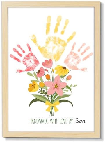 QOUBAI Flower Bouquet Handprint Art Craft DIY Kit Mother's Day Gifts from Daughter or Son Children Adults Handprint Keepsake for Mom Grandma Birthday Gifts Christmas (12X16in, with Wood Frame) by QOUBAI