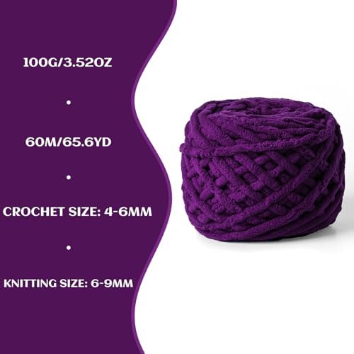 3 Pack Plush Chenille Chunky Yarn 100g (49.2yd) - Fluffy Velvet Yarn Crochet for Blanket Knitting and Crocheting - Baby Yarns for Crocheting Soft - Amigurumi Yarns (3 Deep Purple) - Image 3