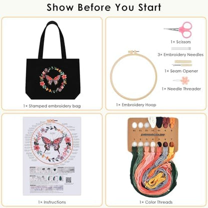 ERKOON Embroidery Canvas Tote Bag for Beginners, Floral Arts Crafts Cross Stitch Kits for Adults Including Stamped Embroidery Bag with Hoops, Needle, Instruction and Color Threads (Butterfly) - Image 2
