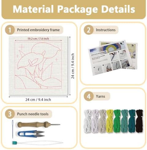 Doodlream Calla Lily Flower Needle Kit for Beginner, 9.4"x 9.4" Elegant Floral Punch Stitching Craft Set, Color DIY Embroidery Starter with Printed Frame, Instruction, Threader, Yarn, Pinch Needle - Image 2