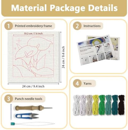 Doodlream Calla Lily Flower Needle Kit for Beginner, 9.4"x 9.4" Elegant Floral Punch Stitching Craft Set, Color DIY Embroidery Starter with Printed Frame, Instruction, Threader, Yarn, Pinch Needle - Image 2