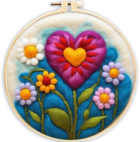 CaptainCrafts Needle Felting Kit, Wool Felt Supplies, Embroidery Hoops, Wool Painting Tools Needle Felting Starter Kit for DIY Decoration (Heart-Shaped Flower) by CaptainCrafts