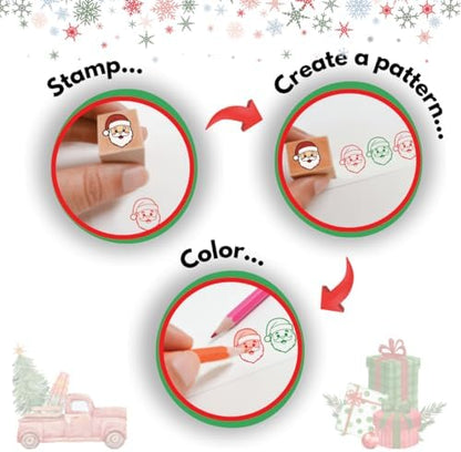 48 Piece Merry Christmas Craft Kit Wooden Stamp Set with Ink Pads Colored Pencils Stickers Cards Envelopes DIY Holiday Card Making Set for Kids Adults Classrooms Festive Family Fun - Image 4
