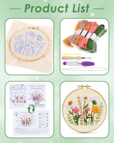 ERKOON Punch Needle Kit Beginners Adults, DIY Easy Flower Embroidery Set for Starter Art Craft, Needling Punching Project with Patterns, Tools, Yarns, Hoop, Instruction (Colorful Daisies) - Image 2
