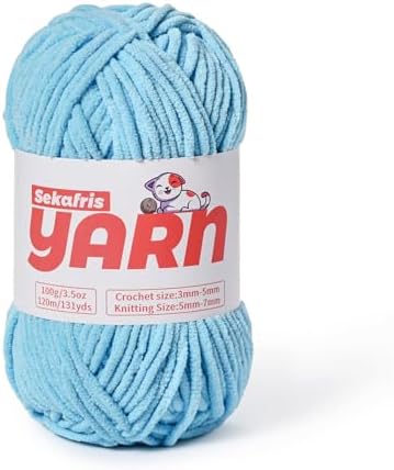 Plush Chunky Chenille Yarn for Crocheting, Soft Fluffy Velvet Yarn for Crocheting, Fuzzy Baby Blanket Knitting Yarns, 100g/131yds Bulky Amigurumi Yarns（Azure Blue） by Sekafris