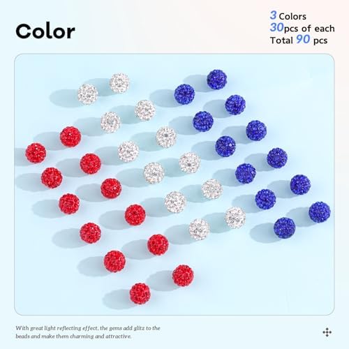 90pcs 10mm Rhinestone Beads for Jewelry Making, Red+White+Dark Blue Shiny Round Shamballa Disco Beads, Sparkle Crystal Clay Christmas for Bracelet Baseball Necklace Earring Crafting and DIY - Image 2