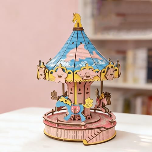 3D Wooden Carousel Puzzle, DIY Handcraft Merry‑Go‑Round Model Kit - Image 6