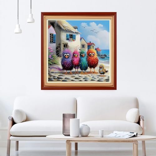 Joyhoor Cross Stitch Kits for Beginners Stamped Cross-Stitch Supplies Needlework preprint Embroidery Kits for Adults DIY Needlepoint Kit Embroidery Patterns 11CT-Seaside Colorful Chicken 18×18 inch - Image 2
