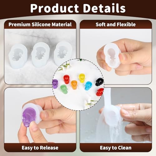 8 Pcs Skull Silicone Molds, 3D Skull Resin Molds with Key Ring Accessory, Halloween Skeleton Head Candle Mold for DIY Keychain, Bracelet, Pendant, Halloween Decor - Image 5