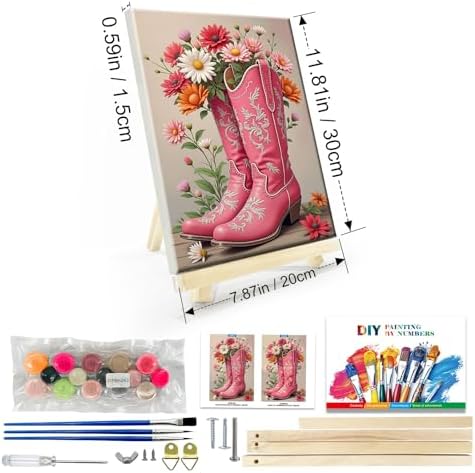 JOOZ Framed Paint by Numbers Kit for Adults, Pink Cowboy Boots Paint by Number with Easel, DIY Flowers Oil Painting by Numbers, Adult Paint by Number Kits Framed Canvas for Home Wall Decor 8x12 Inch - Image 2