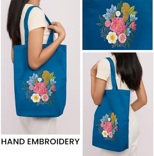 CREAWONDER Canvas Tote Bag Embroidery Kit with Pattern for Beginners, Arts and DIY Embroidery Crafts Kits for Adults, Include Instructions, Embroidery Hoops, Color Threads and Tool - Image 2