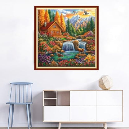 Joyhoor Cross Stitch Kits for Beginners Stamped Cross-Stitch Supplies Needlework preprint Embroidery Kits for Adults DIY Needlepoint Kits Embroidery Patterns 11CT-Autumn Waterfall Home 18x18 inchs - Image 2