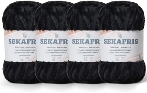 Chenille Velvet Soft Yarn Black 4 Pack by Sekafris