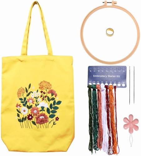 CREAWONDER Canvas Tote Bag Embroidery Kit with Pattern for Beginners, Arts and DIY Embroidery Crafts Kits for Adults, Include Instructions, Thimble, Embroidery Hoops, Color Threads and Tool by Unknown