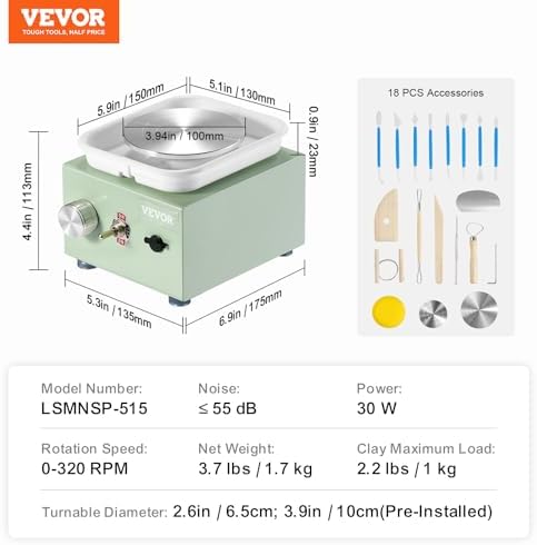 VEVOR Mini Pottery Wheel for Kids and Adults, 2 Turntables 2.6in/3.9in, 0-320RPM Speed Adjustable, Complete Pottery Kit With 18pcs Accessories Tools, Craft Christmas Gifts for Kids Teens Adults, Green - Image 7