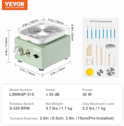 VEVOR Mini Pottery Wheel for Kids and Adults, 2 Turntables 2.6in/3.9in, 0-320RPM Speed Adjustable, Complete Pottery Kit With 18pcs Accessories Tools, Craft Christmas Gifts for Kids Teens Adults, Green - Image 7
