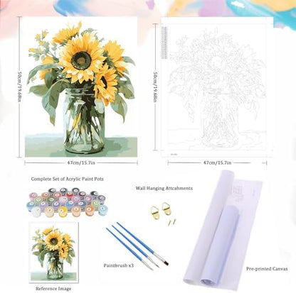 Natuyalo Paint by Numbers Kit for Adults Beginners and Kids, 16" Wx20 L Canvas Pictures Drawing Acrylic Paintwork with 3 Pcs Paintbrushes, Sunflowers in a Vase - Image 5
