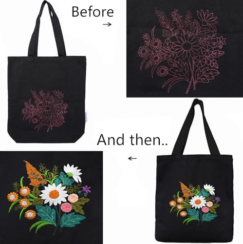 CREAWONDER Canvas Tote Bag Embroidery Kit with Pattern for Beginners, Arts and DIY Embroidery Crafts Kits for Adults, Include Instructions, Thimble, Embroidery Hoops, Color Threads and Tool - Image 5
