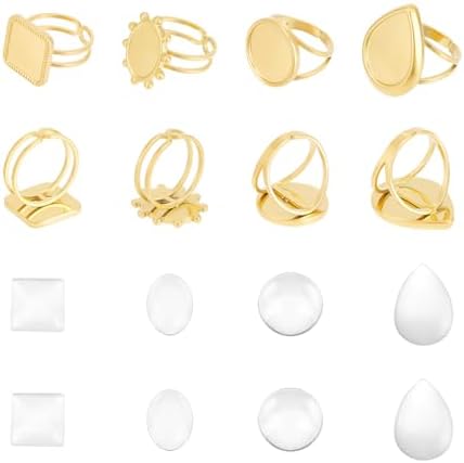 UNICRAFTALE 8Pcs 4 Styles DIY Golden Blank Ring Stainless Steel Open Cuff Ring Making Kit Real 18K Gold Plated with Glass Cabochons Rings 16.9mm Base Ring Bezel Tray for Jewelry Making by UNICRAFTALE