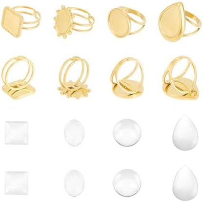 UNICRAFTALE 8Pcs 4 Styles DIY Golden Blank Ring Stainless Steel Open Cuff Ring Making Kit Real 18K Gold Plated with Glass Cabochons Rings 16.9mm Base Ring Bezel Tray for Jewelry Making by UNICRAFTALE
