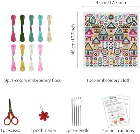 FREEBLOSS 11CT Vector Cottage Stamped Cross Stitch Kits Complete Embroidery Kits with Instruction Cross Stitch Wall Hanging Kit for Needlepoint Adults Wall Art Decoration 18x18in/45x45cm - Image 2