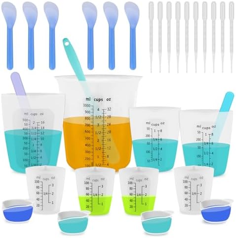 Silicone Resin Mixing 1L Measuring Cup Set for Resin Supplies, Easy-to-Read Marks, 1000ml/32oz Large Cup, 500&250&100ml Thickened Reusable Silicone Cups for Epoxy Mixing, Jewelry Making by SwigranceQualityCreativity