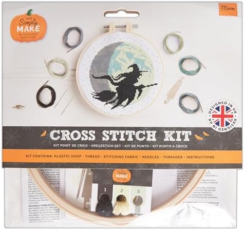 Simply Make Cross Stitch Kit Moon Design, Halloween, Hoop, Embroidery Thread, Fabric and Needle, for Beginners, Starter Cross Stitch Craft Kit, Great Gifts, Craft Hobbyists, Halloween Home Décor by Yeuyyben