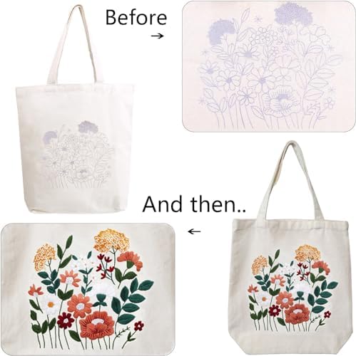MAMUNU Canvas Tote Bag Embroidery Kit with Pattern for Beginners, Arts and DIY Crafts Kits for Adults, Include Instructions Embroidery Bag, Embroidery Hoops, Color Threads and Tool - Image 5