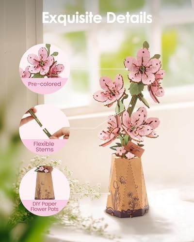 ROBOTIME 3D Puzzle Sakura TW101, DIY Wooden Flower Craft, Artificial Flowers Model Kit to Assemble for Adults, Home Decoration and Valentine's Day Toy Gift Set - Image 5