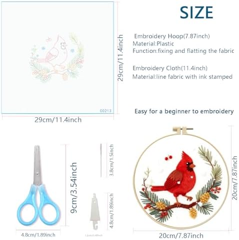 Zhenqing Cardinal Embroidery Kit for Beginners, Winter Red Bird Needlework Craft with Pre-Printed Cotton Fabric, Hoop, Threads & Tools, Holiday Decor (C0213) - Image 5