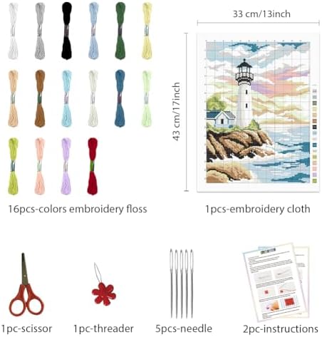 FREEBLOSS Lighthouse Cross Stitch Kit Cross Stitch Starter Kit for Adults with Instructions 13 * 17'' Cotton Cloth Cross Stitch Wall Art Cross Stitch for Beginnrs Cross Stitch Wall Hanging No Frame - Image 2