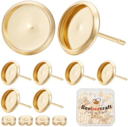 Beebeecraft 1 Box 50Pcs Post Stud Earring Findings 18K Gold Plated Round Prong Blank Earring Cabochon Settings with 8mm Tray and 50Pcs Ear Nuts for DIY Earrings Jewelry Making by Beebeecraft