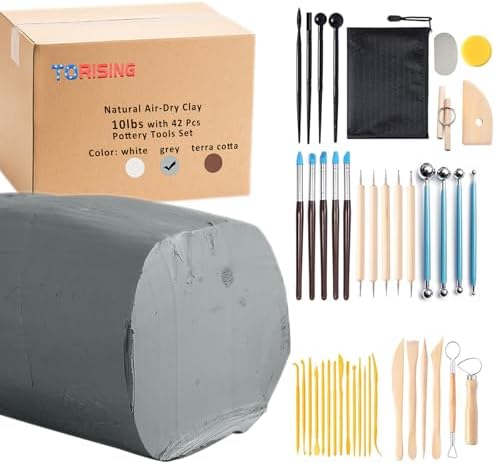 Air Dry Clay 10 LBs with 42 Pcs Set Pottery Clay Tools Set for Hand Modeling and Throwing, Non-Toxic (Gray & Kit) by Torising