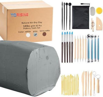 Air Dry Clay 10 LBs with 42 Pcs Set Pottery Clay Tools Set for Hand Modeling and Throwing, Non-Toxic (Gray & Kit) by Torising