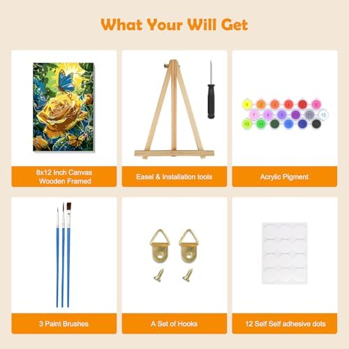 MOGTAA Paint by Numbers Kit for Adults with Frame, Rose Landscape Paint by Number Canvas, Butterfly Paint by Numbers with Easel, DIY Flowers Oil Painting Kit for Home Wall Decor 8 x 12 Inch - Image 5